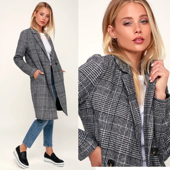 Lulus Jackets & Blazers - Lulus Chilly Out Black and White Glen Plaid Long Coat